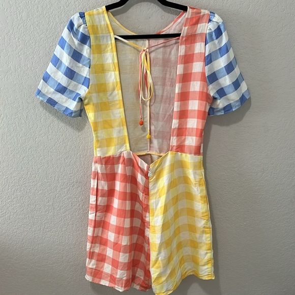 FARM RIO (by Anthropologie) Gingham Colorblock Contrast Romper, Size S - Picture 7 of 13